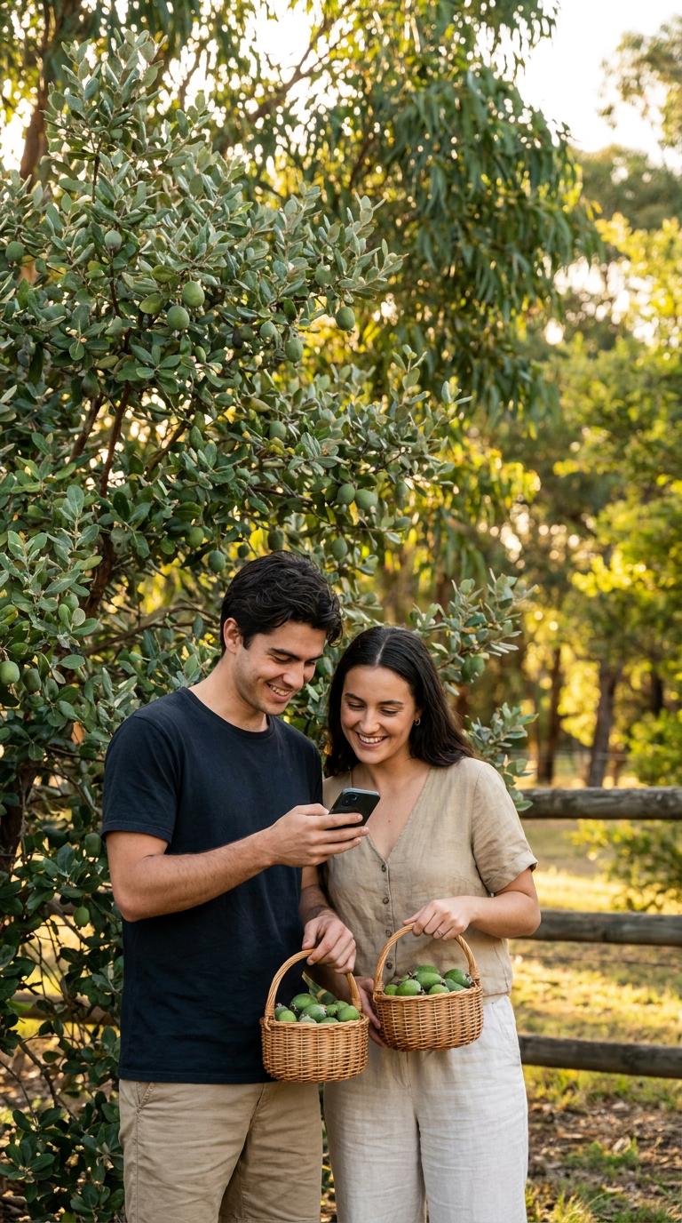 Picking feijoas from a tree